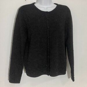 Vintage Pure Wool Buttoned Blazer/ Sweater Black  Beads& Sequins Petite Small